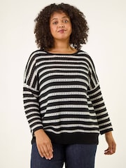 Roman Black Curve Crochet Stripe Knit Jumper - Image 1 of 4