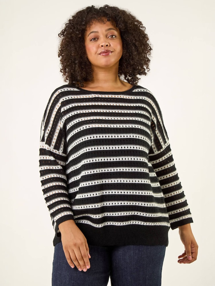 Roman Black Curve Crochet Stripe Knit Jumper - Image 1 of 4