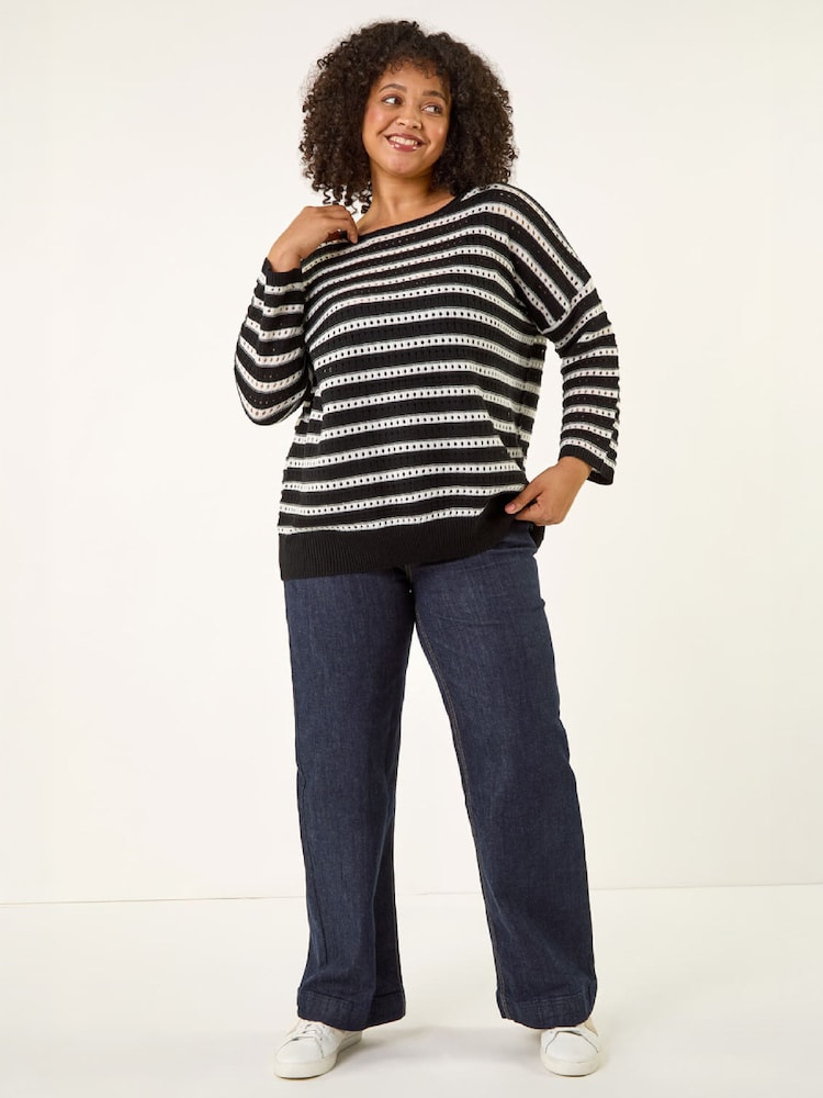 Roman Black Curve Crochet Stripe Knit Jumper - Image 2 of 4