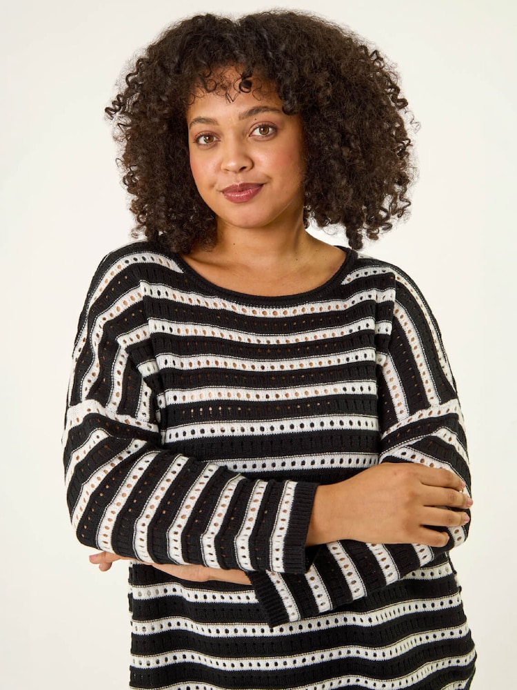Roman Black Curve Crochet Stripe Knit Jumper - Image 4 of 4