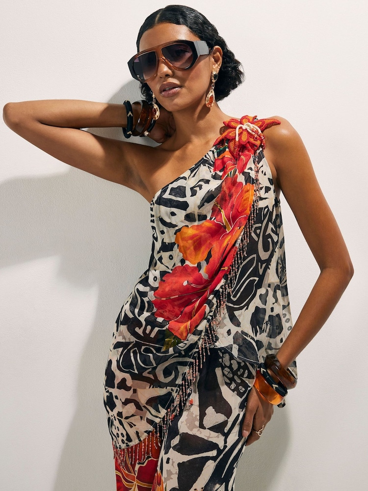 River Island Black Del Maar Sleeveless Floral Asymmetric Top - Image 1 of 4