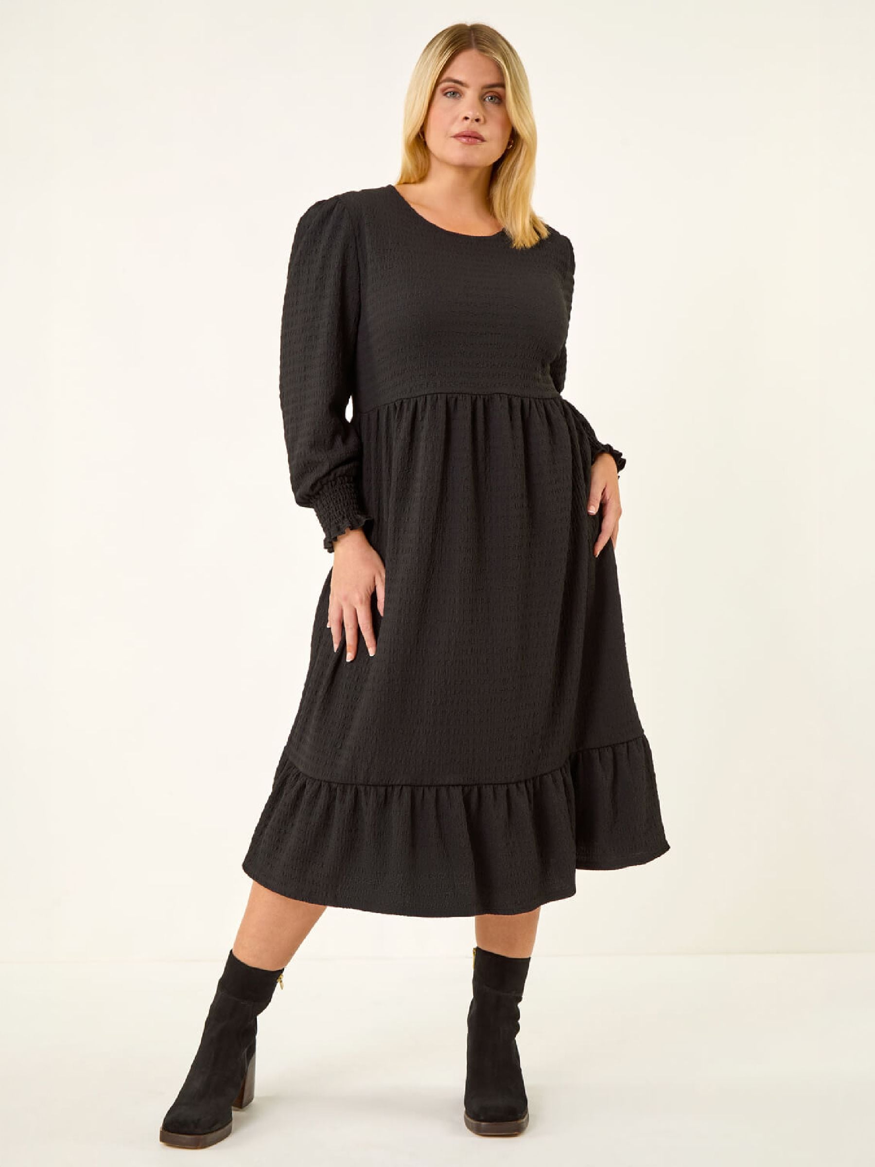 Roman Women's Black Curve Textured Gathered Stretch Midi Dress In | : Size 22-24 - Image 2