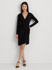 Lauren Ralph Lauren Black Ruched Stretch Jersey Surplice Dress - Image 1 of 9