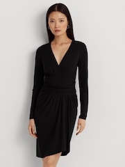 Lauren Ralph Lauren Black Ruched Stretch Jersey Surplice Dress - Image 6 of 9
