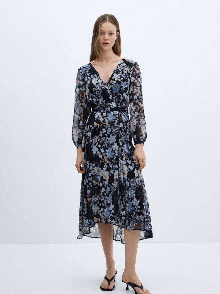 Mango Black Flowy Flower Printed Dress - Image 1 of 6 Mango Black Flowy Flower Printed Dress - Image 1 of 6