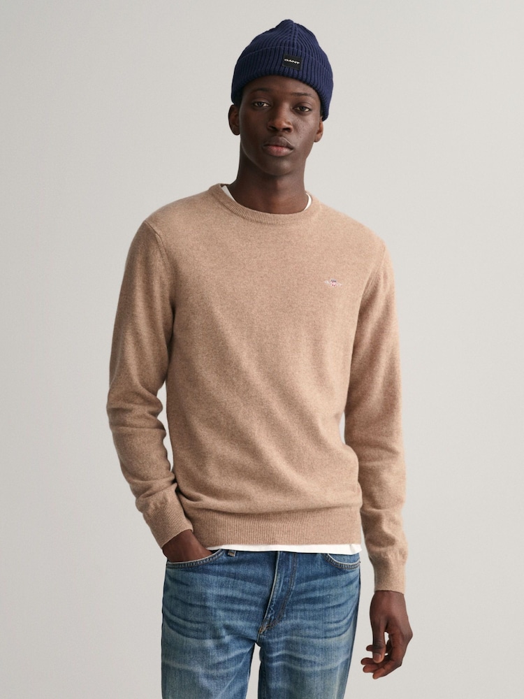 GANT Dark Sand Melange Superfine Lambswool Crew Neck Jumper - Image 1 of 5