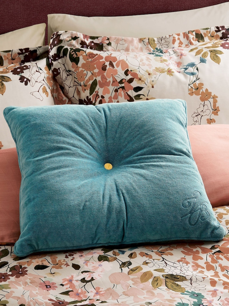 Ted Baker Teal Tb Cotton Velvet Button Cushion - Image 1 of 4 Ted Baker Teal Tb Cotton Velvet Button Cushion - Image 1 of 4