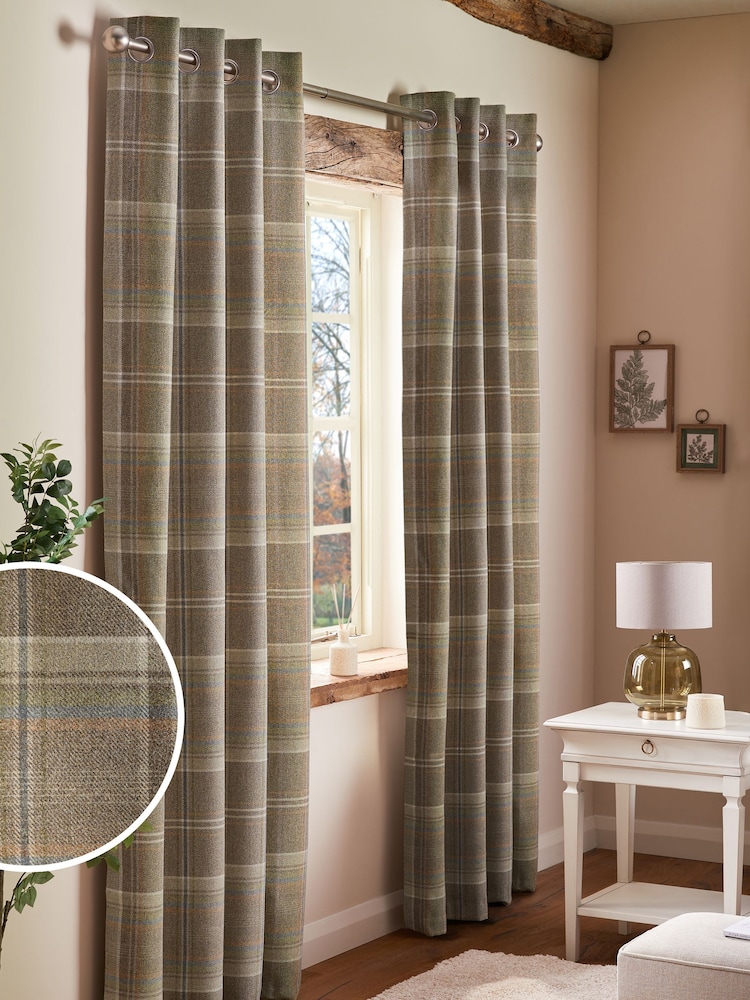 Green/Natural Brushed Check Lined Eyelet Curtains - Image 2 of 4 Green/Natural Brushed Check Lined Eyelet Curtains - Image 2 of 4