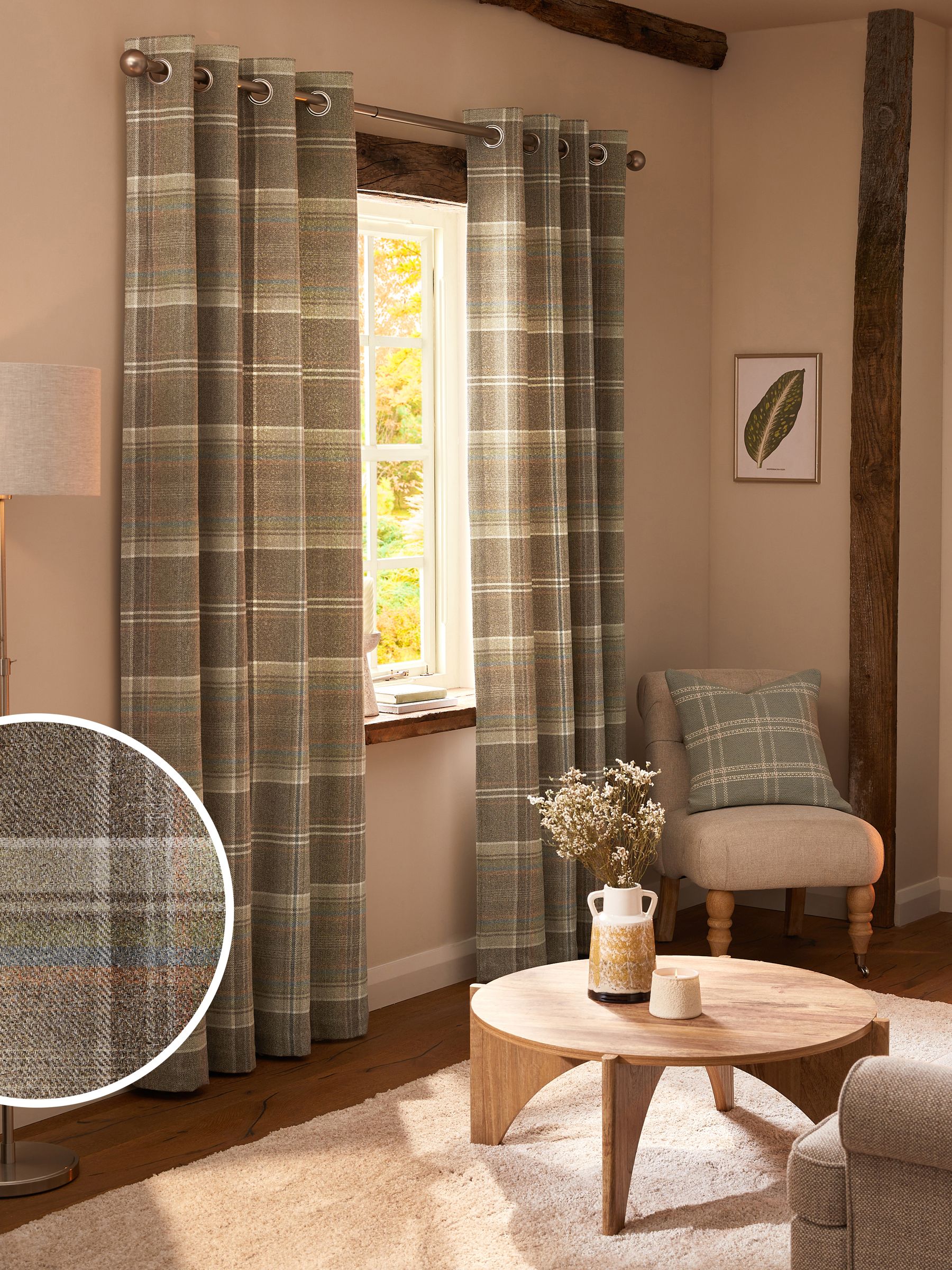 Buy Green/Natural Brushed Check Super Thermal Eyelet Curtains from the ...