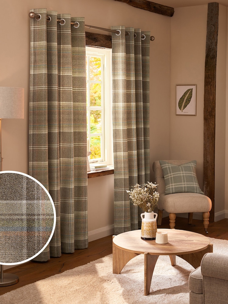 Green/Natural Brushed Check Super Thermal Eyelet Curtains - Image 2 of 6 Green/Natural Brushed Check Super Thermal Eyelet Curtains - Image 2 of 6