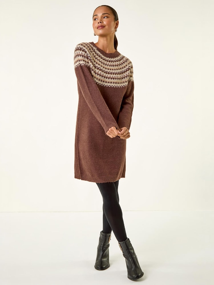 Roman Brown Petite Fairisle Knit Jumper Dress - Image 2 of 4 Roman Brown Petite Fairisle Knit Jumper Dress - Image 2 of 4