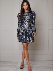 Chi Chi London Blue Long Sleeve Pephem Jacquard Mini Dress - Image 1 of 4