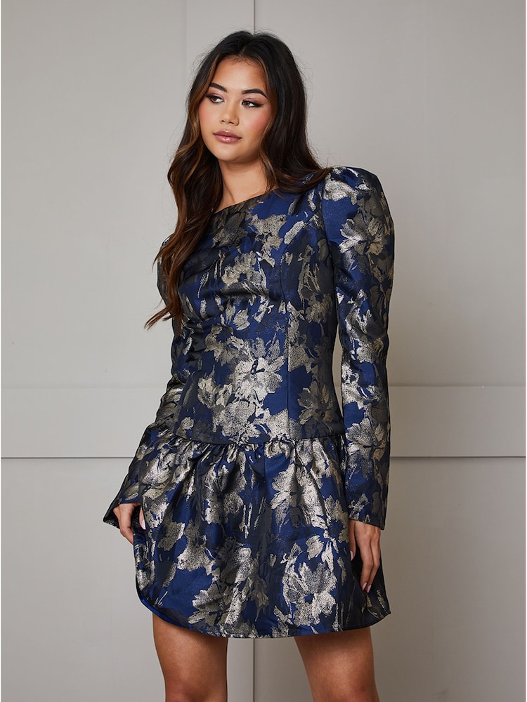 Chi Chi London Blue Long Sleeve Pephem Jacquard Mini Dress - Image 2 of 4