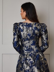Chi Chi London Blue Long Sleeve Pephem Jacquard Mini Dress - Image 4 of 4