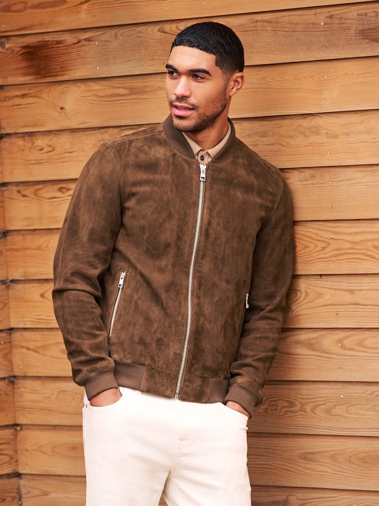 Brown Suede Bomber Jacket - Image 1 of 12