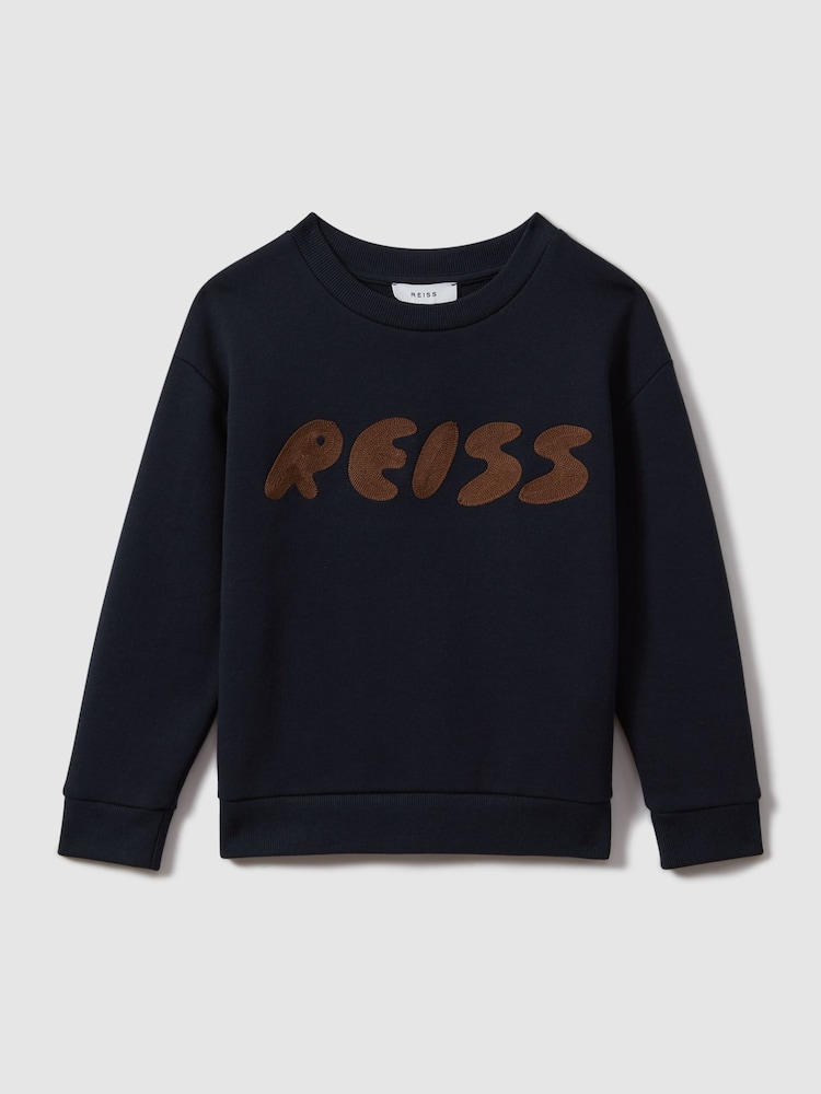 Reiss Navy Bryant 13-14 yrs Cotton Motif Crew Neck Sweatshirt - Image 1 of 4
