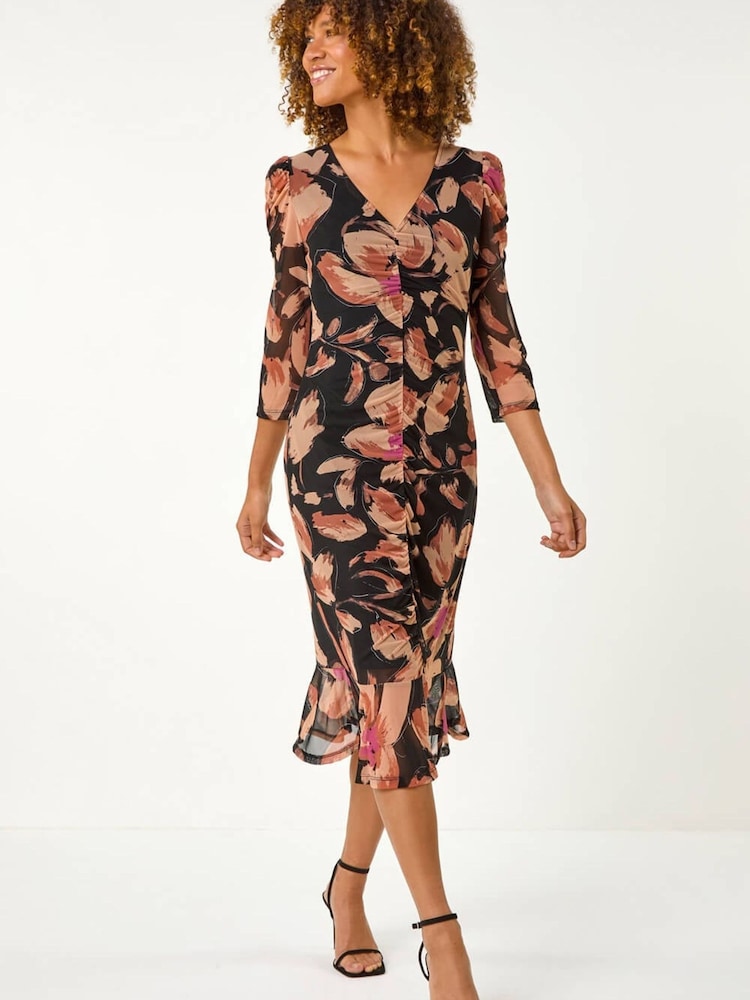 Roman Brown Ruched Floral Frill Dress - Image 1 of 5