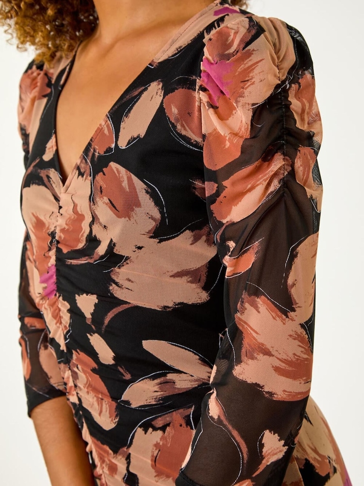 Roman Brown Ruched Floral Frill Dress - Image 5 of 5