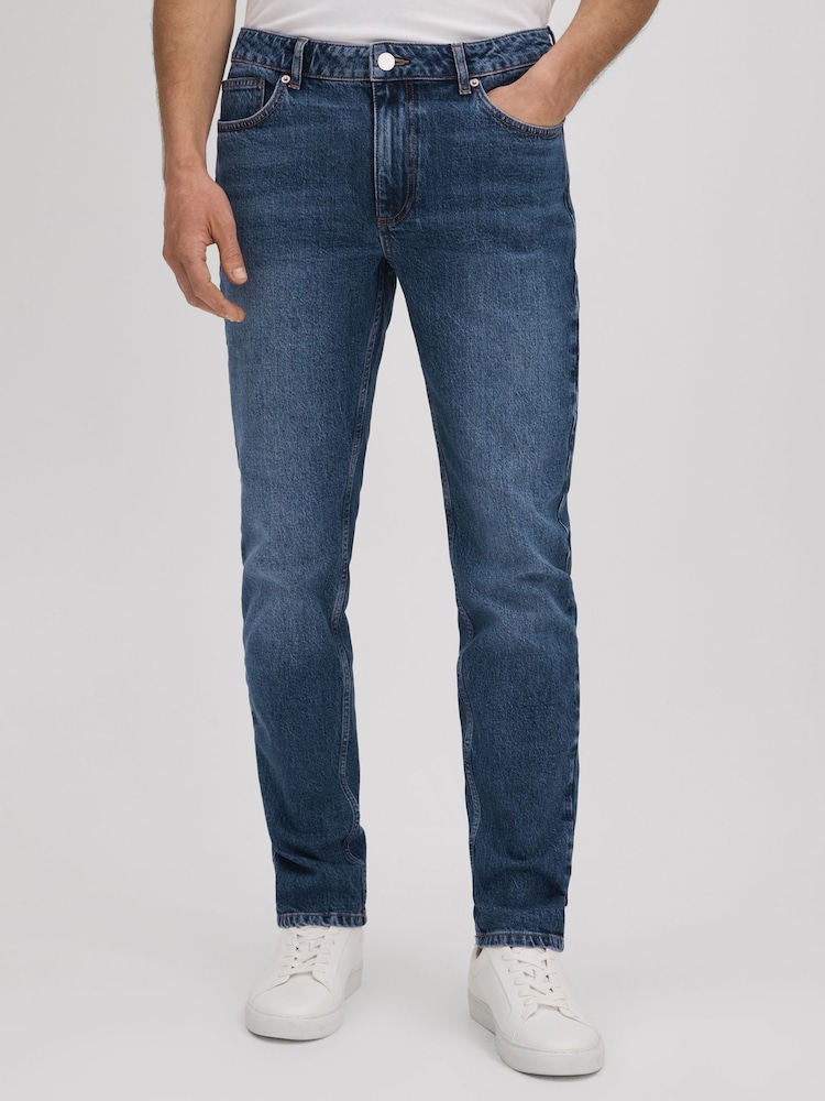Reiss Mid Blue Wash Calik Tapered Slim Fit Washed Jeans - Image 1 of 6