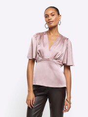 River Island Pink Angel Sleeve Peplum Top - Image 1 of 6