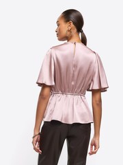 River Island Pink Angel Sleeve Peplum Top - Image 2 of 6