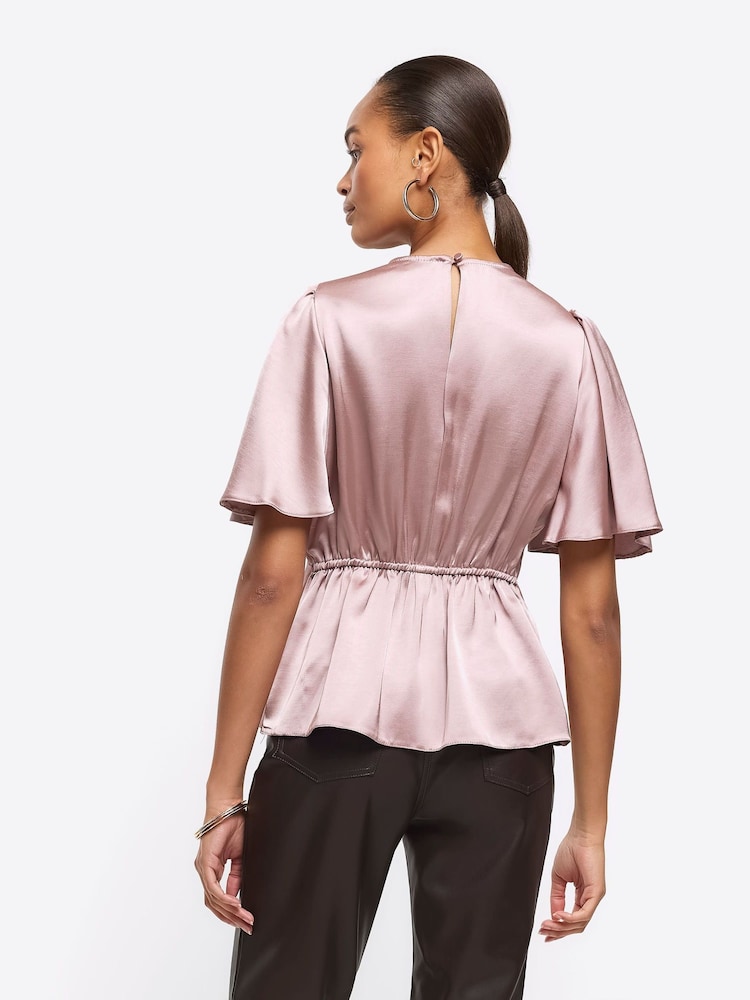River Island Pink Angel Sleeve Peplum Top - Image 2 of 6