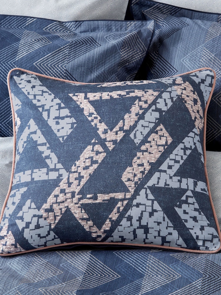 Bedeck of Belfast Denim Blue Sutton Albany Geo Print Cotton Cushion - Image 1 of 5 Bedeck of Belfast Denim Blue Sutton Albany Geo Print Cotton Cushion - Image 1 of 5