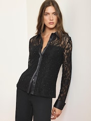 Mint Velvet Black Sequin Lace Detail Shirt - Image 2 of 7