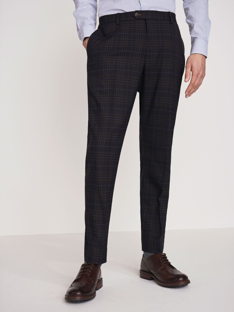 Marineblau/Hellbraun - Karierter Anzug im Slim-Fit: Hose - Bild 1 von 5