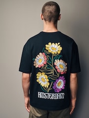 Black Flower Embroidery Relaxed Fit 100% Cotton Floral Nature Graphic T-Shirt - Image 1 of 8