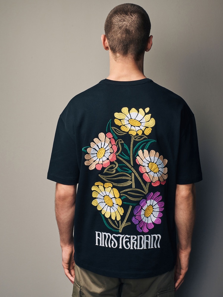 Black Flower Embroidery Relaxed Fit 100% Cotton Floral Nature Graphic T-Shirt - Image 1 of 8