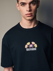 Black Flower Embroidery Relaxed Fit 100% Cotton Floral Nature Graphic T-Shirt - Image 3 of 8