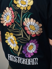 Black Flower Embroidery Relaxed Fit 100% Cotton Floral Nature Graphic T-Shirt - Image 4 of 8