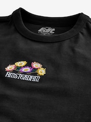 Black Flower Embroidery Relaxed Fit 100% Cotton Floral Nature Graphic T-Shirt - Image 7 of 8