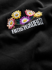 Black Flower Embroidery Relaxed Fit 100% Cotton Floral Nature Graphic T-Shirt - Image 8 of 8
