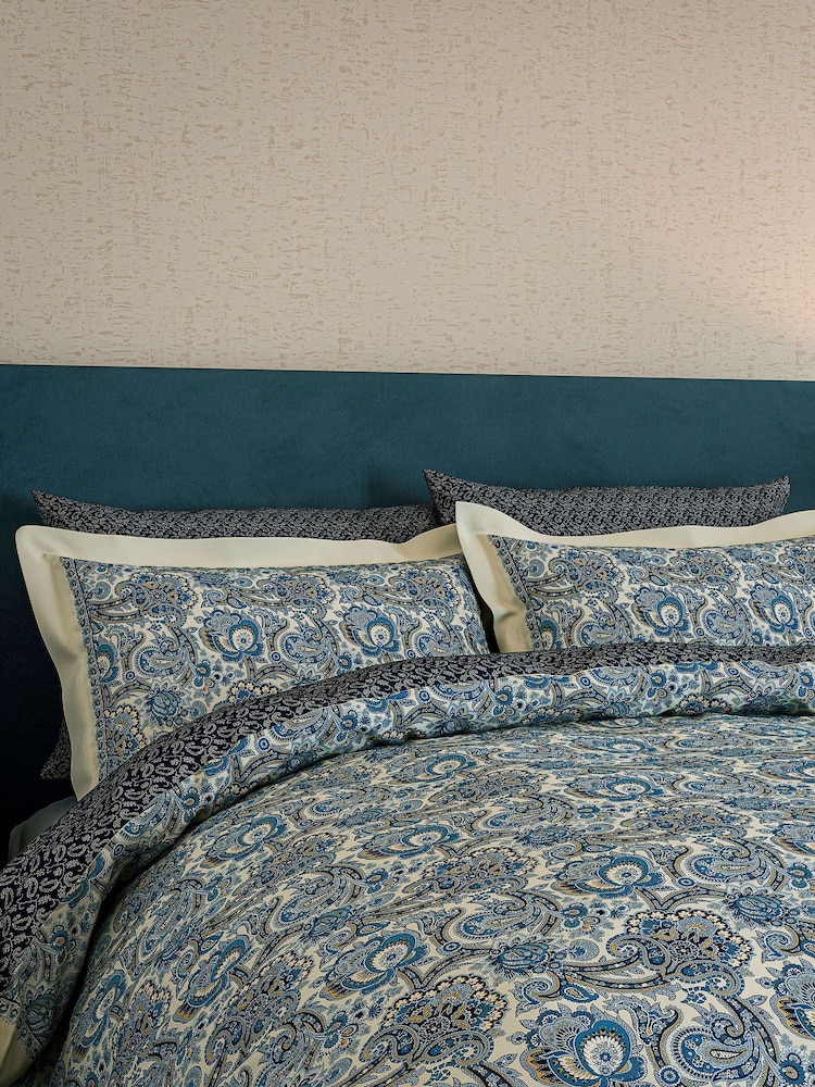 V&A Navy Elysian Paisley 100% Cotton Duvet Cover & Pillowcase Set - Image 2 of 5 V&A Navy Elysian Paisley 100% Cotton Duvet Cover & Pillowcase Set - Image 2 of 5