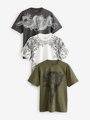 White/Black/Khaki 100% Cotton Graphic Print T-Shirts 3 Pack - Image 1 of 12