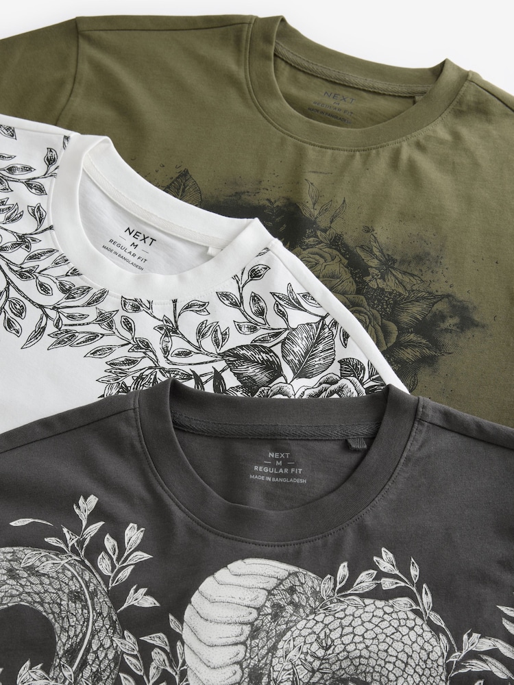 White/Black/Khaki 100% Cotton Graphic Print T-Shirts 3 Pack - Image 11 of 12