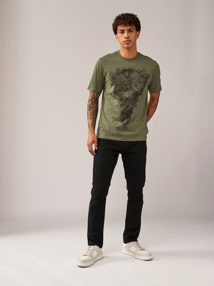 White/Black/Khaki 100% Cotton Graphic Print T-Shirts 3 Pack - Image 4 of 12