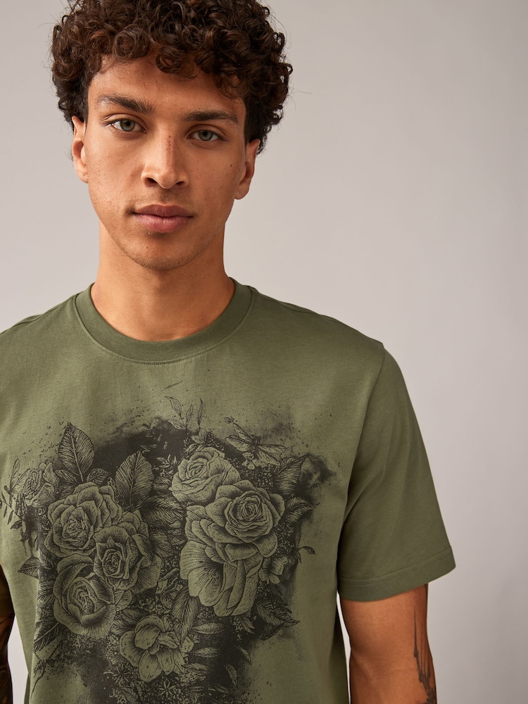 White/Black/Khaki 100% Cotton Graphic Print T-Shirts 3 Pack - Image 5 of 12