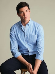 Albastru - Cămașă stretch cu croi clasic prespălat și nasturi poplin Charles Tyrwhitt Dungă - Imaginea 3 din 8