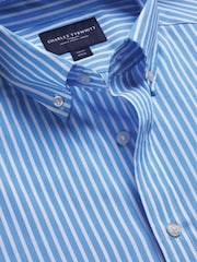 Albastru - Cămașă stretch cu croi clasic prespălat și nasturi poplin Charles Tyrwhitt Dungă - Imaginea 7 din 8