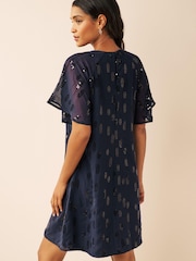 Navy Blue Sequin Embellished Short Sleeve Shift Dress - Image 2 of 6