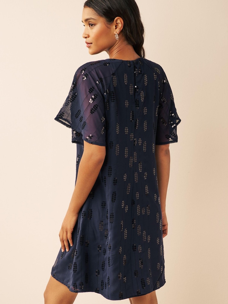 Navy Blue Sequin Embellished Short Sleeve Shift Dress - Image 2 of 6