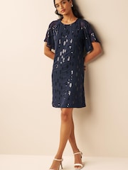 Navy Blue Sequin Embellished Short Sleeve Shift Dress - Image 3 of 6