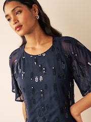 Navy Blue Sequin Embellished Short Sleeve Shift Dress - Image 4 of 6