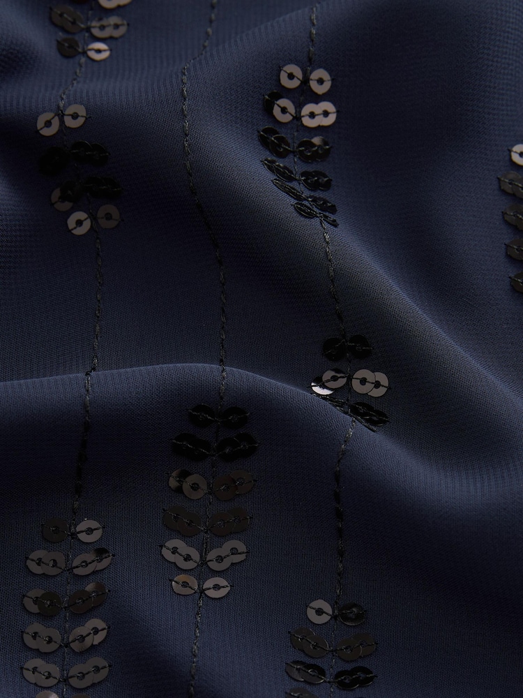 Navy Blue Sequin Embellished Short Sleeve Shift Dress - Image 6 of 6