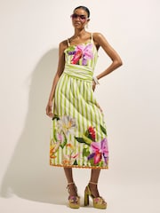River Island Green Del Maar Stripe Floral Strappy Wrap Beaded Midi Dress - Image 1 of 4