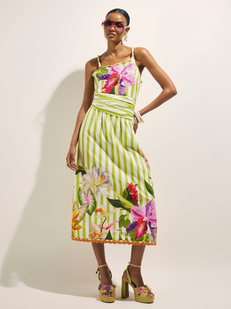 River Island Green Del Maar Stripe Floral Strappy Wrap Beaded Midi Dress - Image 1 of 4 River Island Green Del Maar Stripe Floral Strappy Wrap Beaded Midi Dress - Image 1 of 4