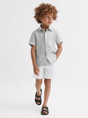 Reiss Light Sage Green Holiday Short Sleeve Linen Shirt - Image 1 of 6